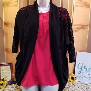 Vtg Rennes black flower crochet cardi large GUC
